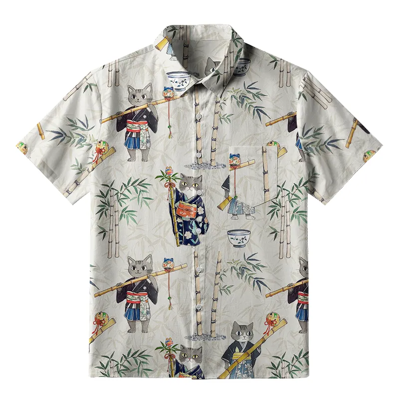 Tokyo-Tiger Cat Holding A Bamboo Pole Button-up Shirt