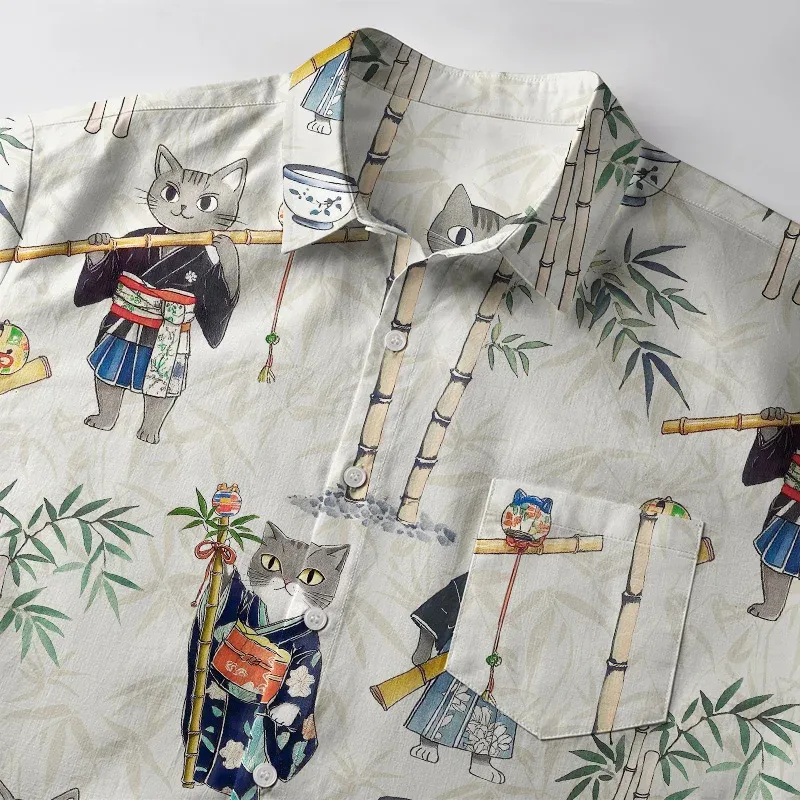 Tokyo-Tiger Cat Holding A Bamboo Pole Button-up Shirt