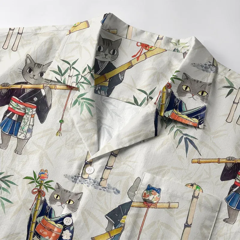 Tokyo-Tiger Cat Holding A Bamboo Pole Aloha Hawaiian Shirt