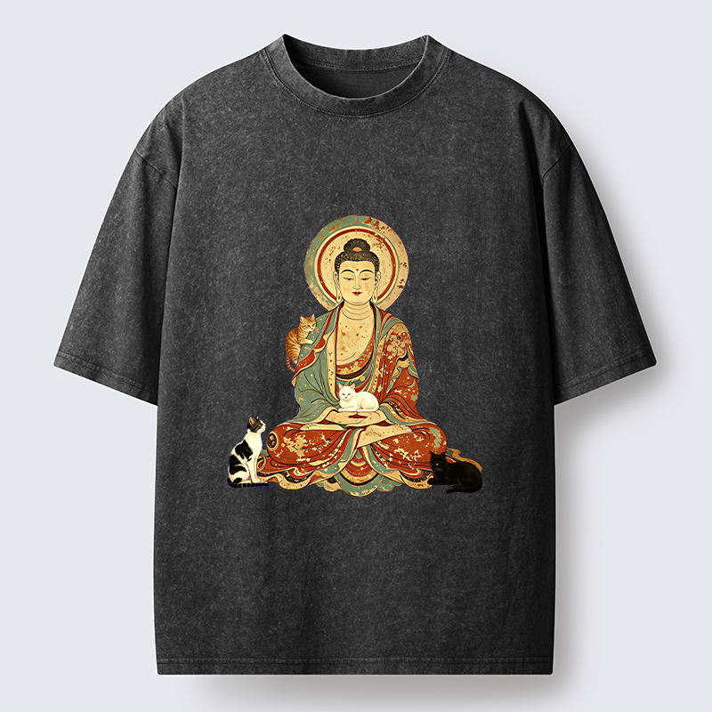 Tokyo-Tiger Buddha And Cats Art Washed T-Shirt