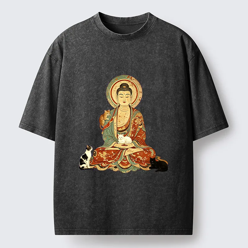 Tokyo‑Tiger Buddha And Cats Art Washed T‑Shirt Sale
