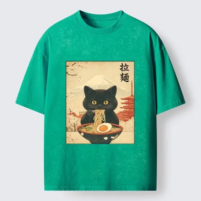 Tokyo‑Tiger Black Cute Cat Ramen Feast Washed T‑Shirt