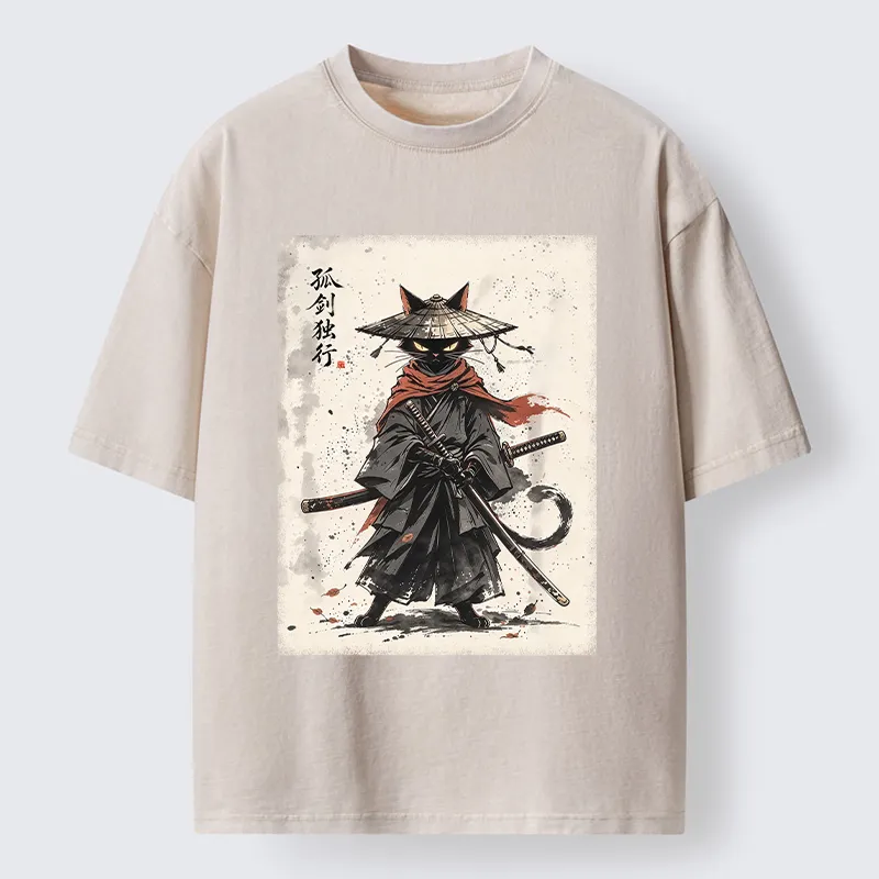 Tokyo‑Tiger Lone Samurai Cat Ink Art Washed T‑Shirt Sale