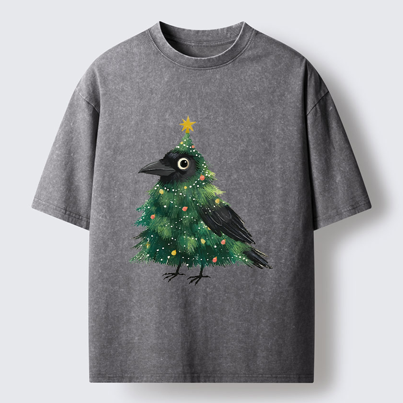 Tokyo-Tiger Cute Christmas Tree Crow Washed T-Shirt