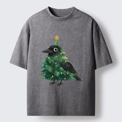 Tokyo-Tiger Cute Christmas Tree Crow Washed T-Shirt