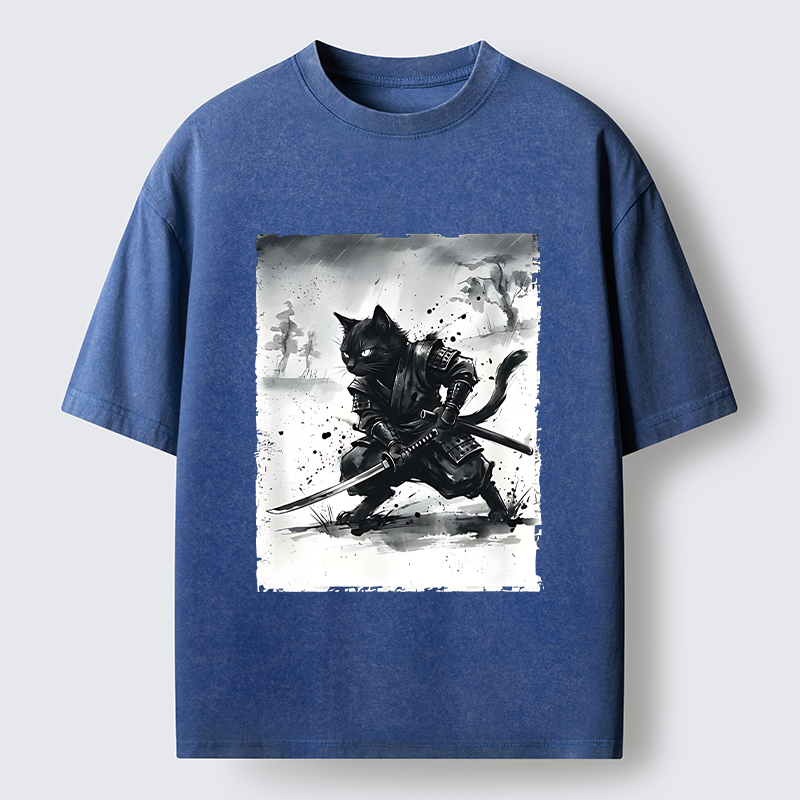 Tokyo-Tiger Ink Samurai Cat Art Washed T-Shirt