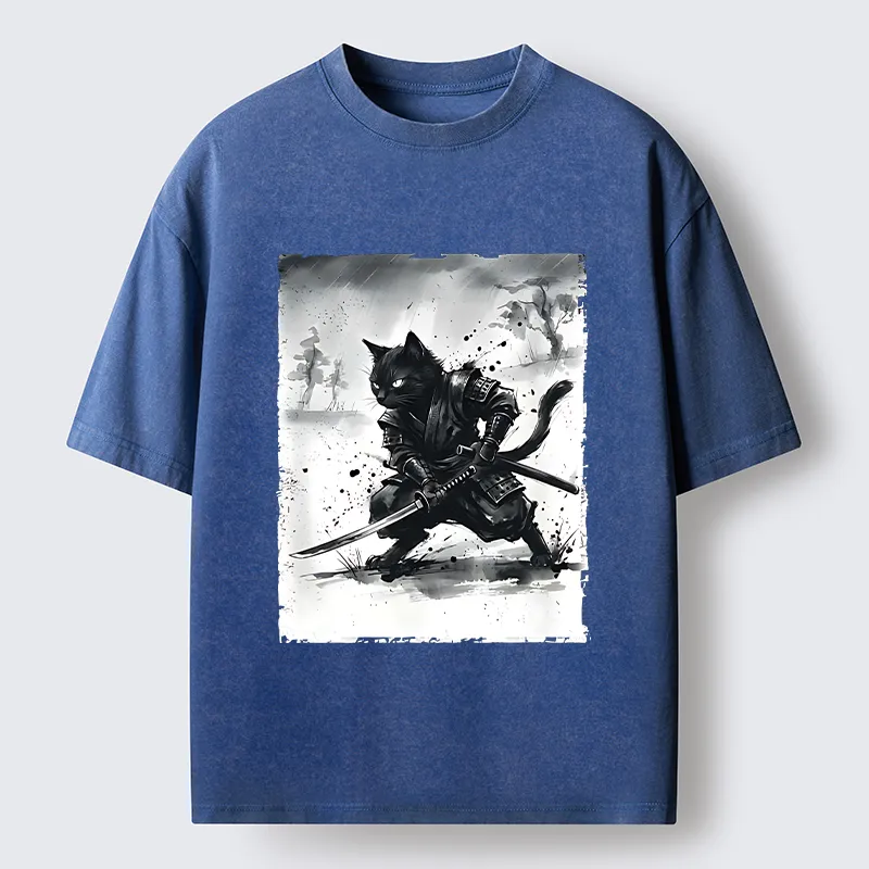 Tokyo-Tiger Ink Samurai Cat Art Washed T-Shirt