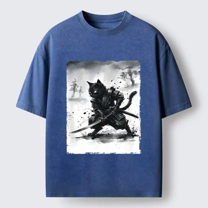 Tokyo-Tiger Ink Samurai Cat Art Washed T-Shirt