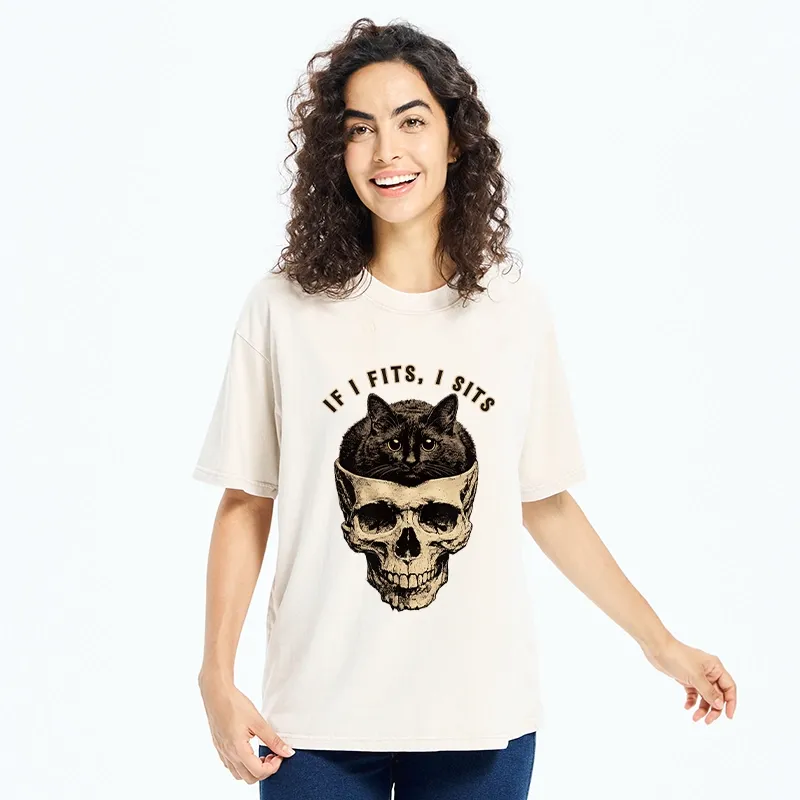 Tokyo-Tiger Cat In A Skull If It Fits I Sits Washed T-Shirt