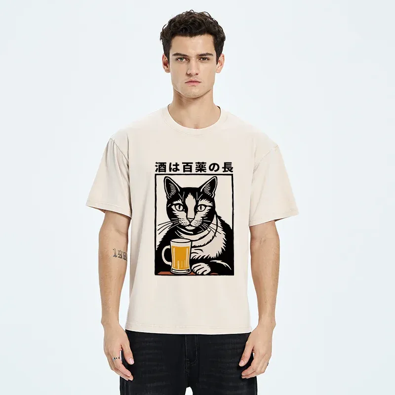 Tokyo-Tiger Cat And Beer Japanese Washed T-Shirt