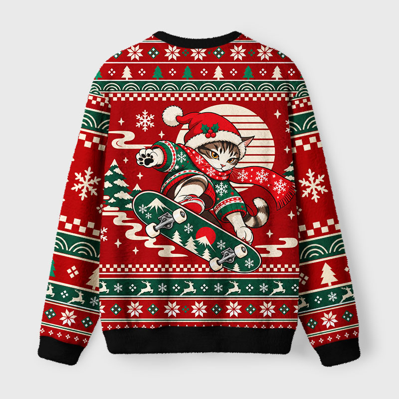 Tokyo-Tiger A Cat Skateboarding Fuzzy Christmas Ugly Sweatshirt
