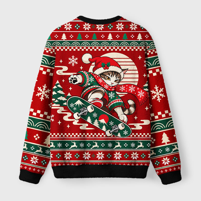 Tokyo-Tiger A Cat Skateboarding Fuzzy Christmas Ugly Sweatshirt