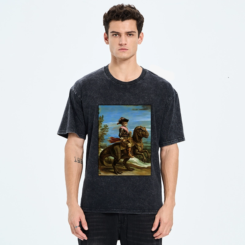 Tokyo-Tiger Fancy Cat Knight On Dinosaur Washed T-Shirt