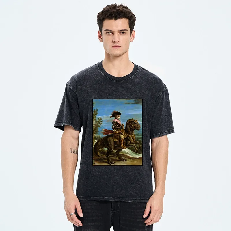 Tokyo-Tiger Fancy Cat Knight On Dinosaur Washed T-Shirt