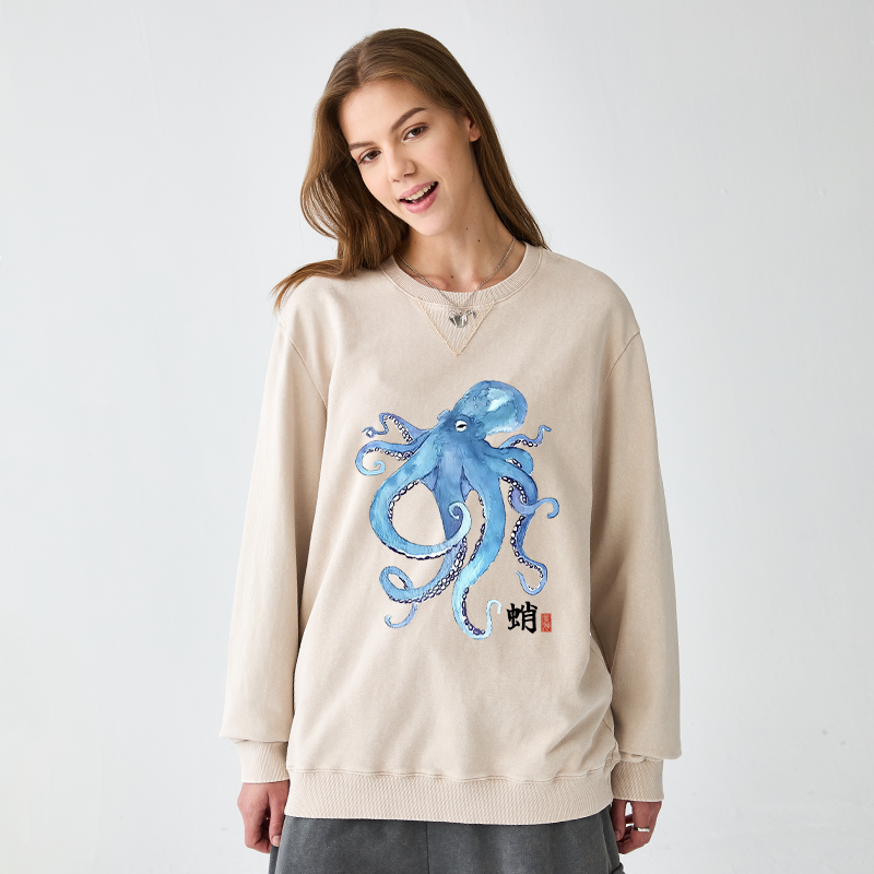 Tokyo-Tiger Watercolor Blue Octopus Washed Terry Sweatshirt