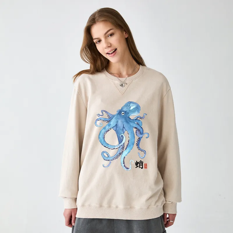 Tokyo-Tiger Watercolor Blue Octopus Washed Terry Sweatshirt
