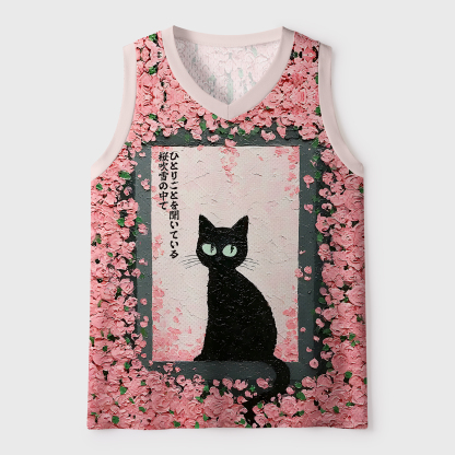 Tokyo-Tiger Black Cat In The Sakura Snow Mesh Tank Top