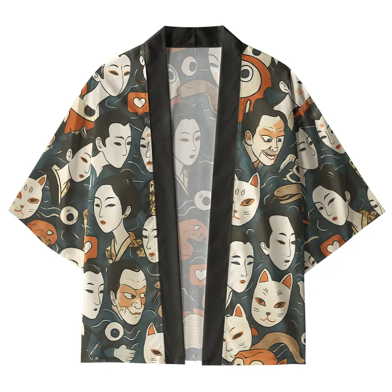 Tokyo-Tiger Japanese Geisha And Mask Kimono Cardigan