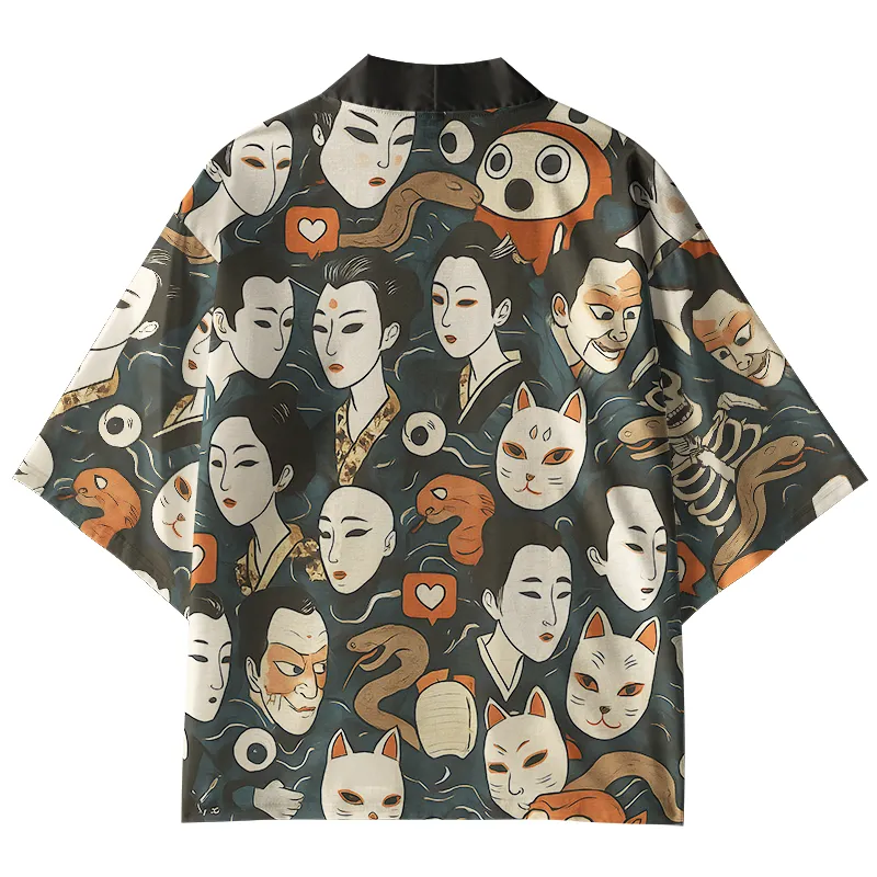 Tokyo-Tiger Japanese Geisha And Mask Kimono Cardigan