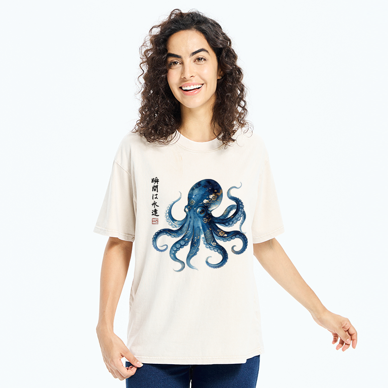 Tokyo-Tiger Japanese Ink Blue Octopus Art Washed T-Shirt