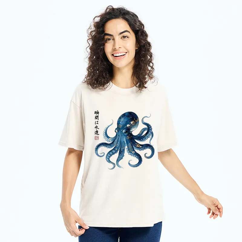 Tokyo-Tiger Japanese Ink Blue Octopus Art Washed T-Shirt