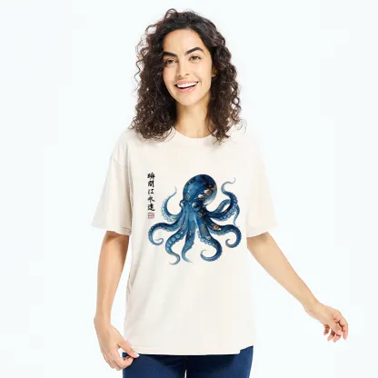 Tokyo-Tiger Japanese Ink Blue Octopus Art Washed T-Shirt