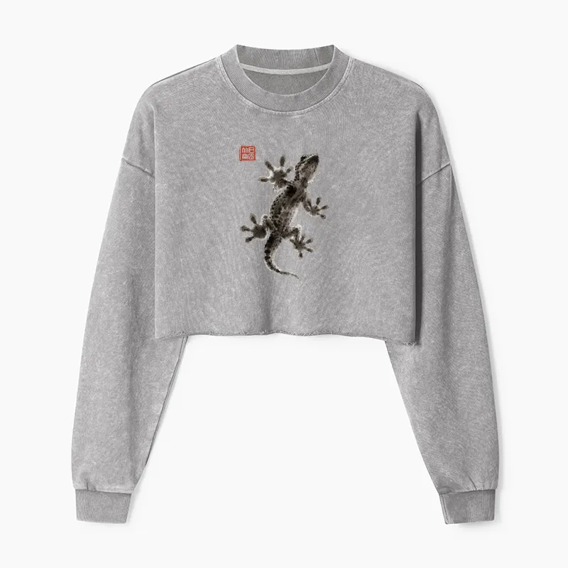 Tokyo-Tiger Minimal Asian Ink Brush Gecko Vibe Washed Crop Sweatshirt