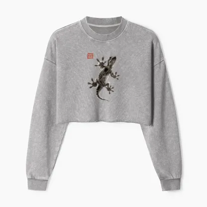 Tokyo-Tiger Minimal Asian Ink Brush Gecko Vibe Washed Crop Sweatshirt