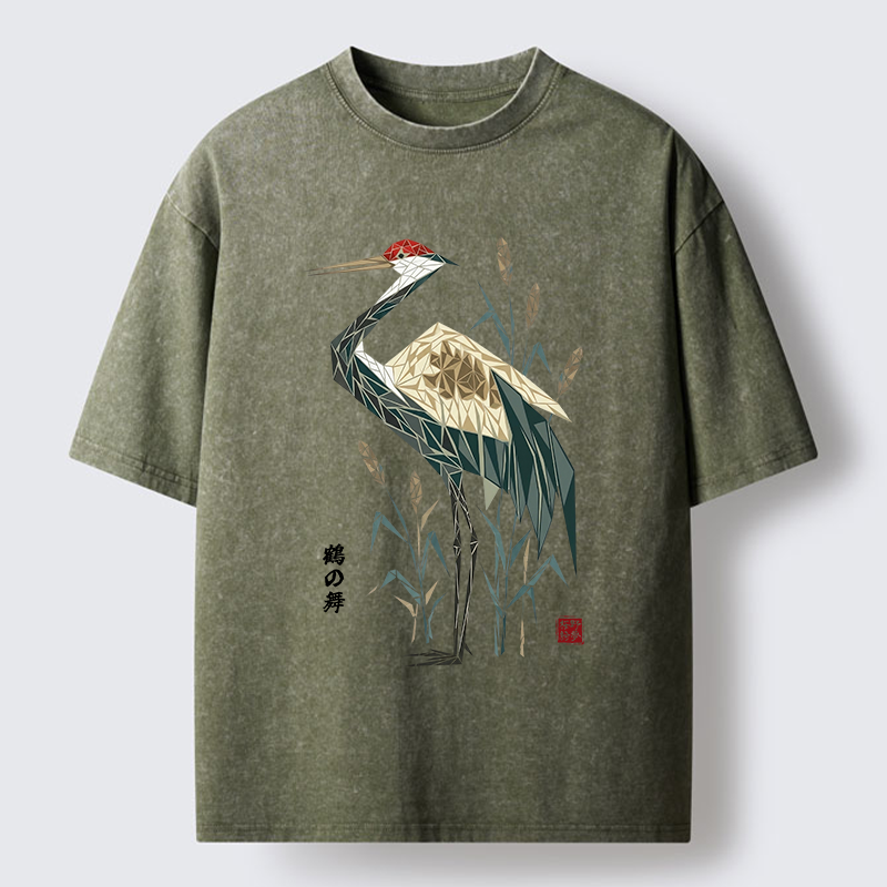 Tokyo-Tiger Geometric Crane Oriental Art Washed T-Shirt