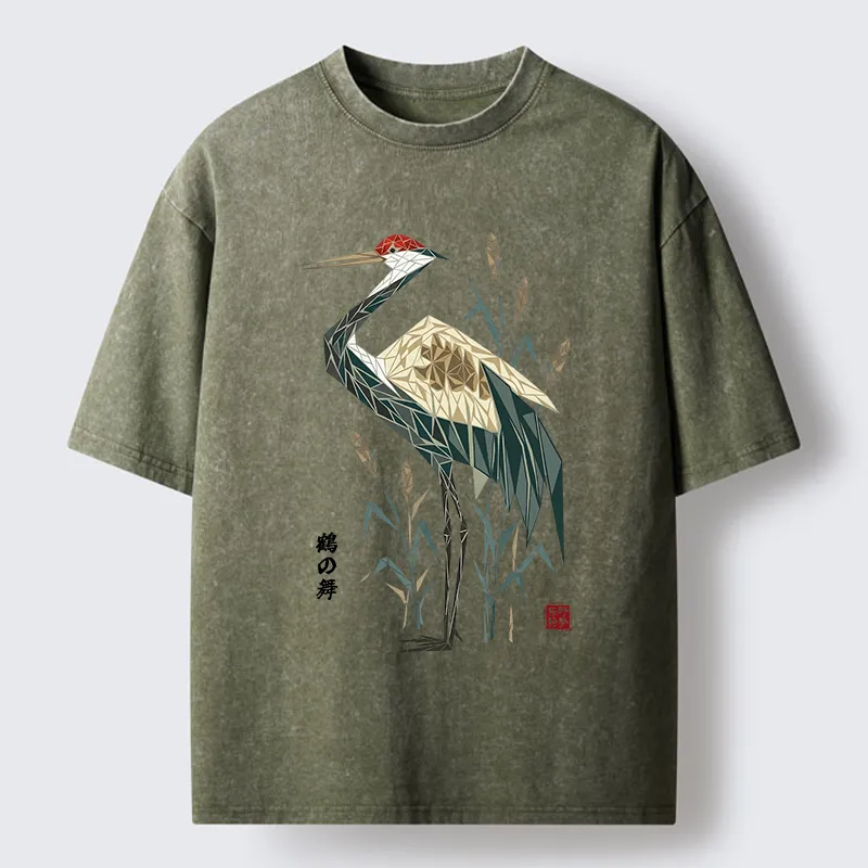 Tokyo-Tiger Geometric Crane Oriental Art Washed T-Shirt
