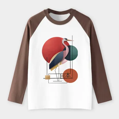Tokyo-Tiger Geometric Crane Art Raglan Long Sleeve T-shirt