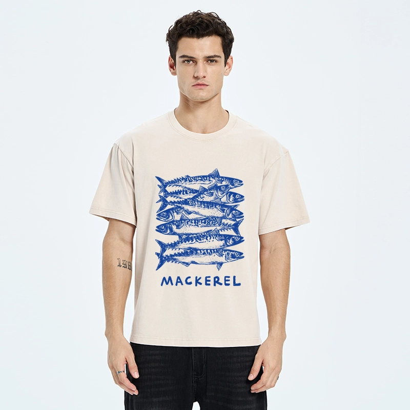 Tokyo-Tiger Retro Block Print Blue Mackerel School Washed T-Shirt