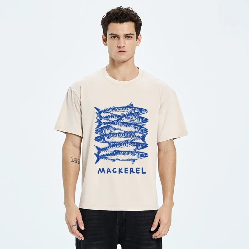 Tokyo-Tiger Retro Block Print Blue Mackerel School Washed T-Shirt