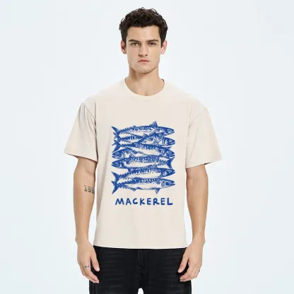 Tokyo-Tiger Retro Block Print Blue Mackerel School Washed T-Shirt