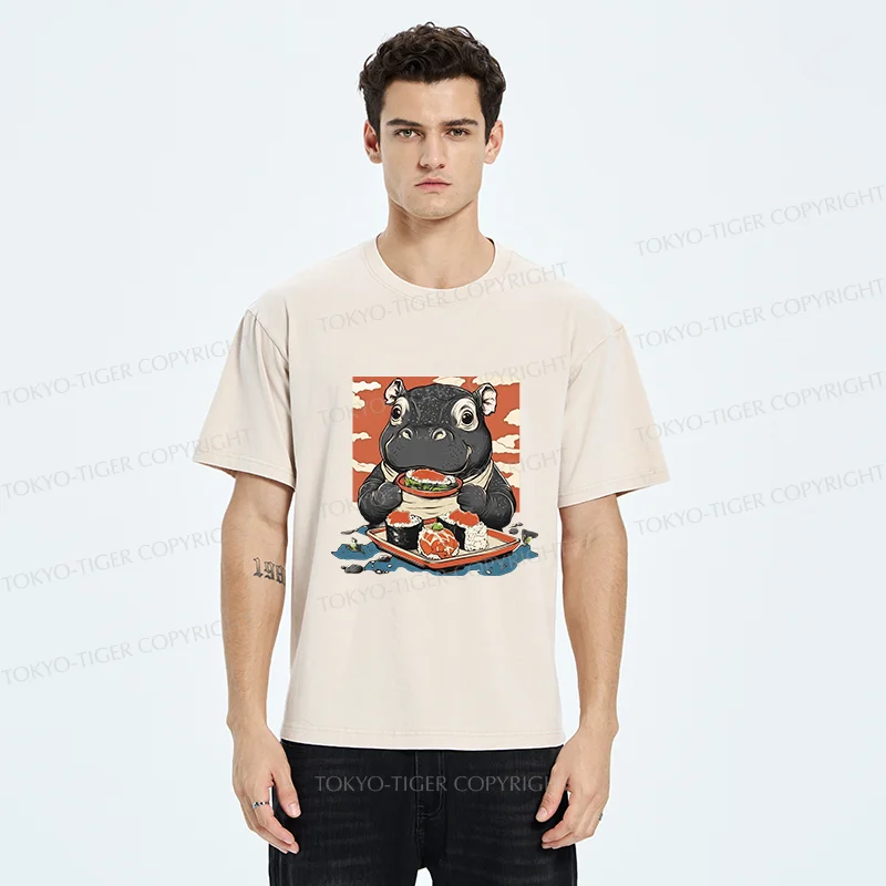 Tokyo-Tiger Moo Deng Eat Sushi Washed T-Shirt