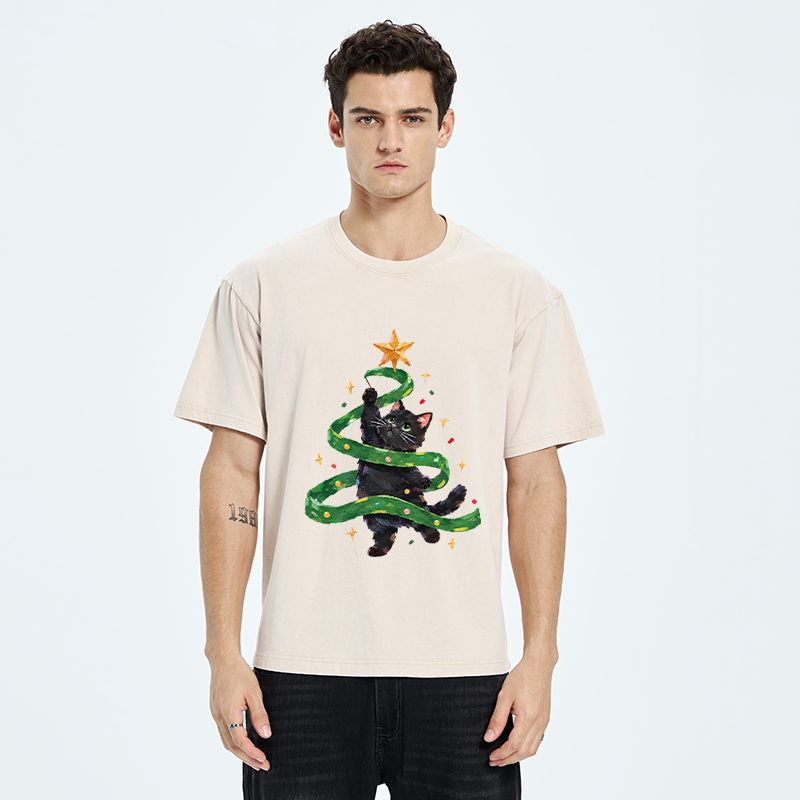 Tokyo-Tiger Black Cat Christmas Tree Ribbon Washed T-Shirt
