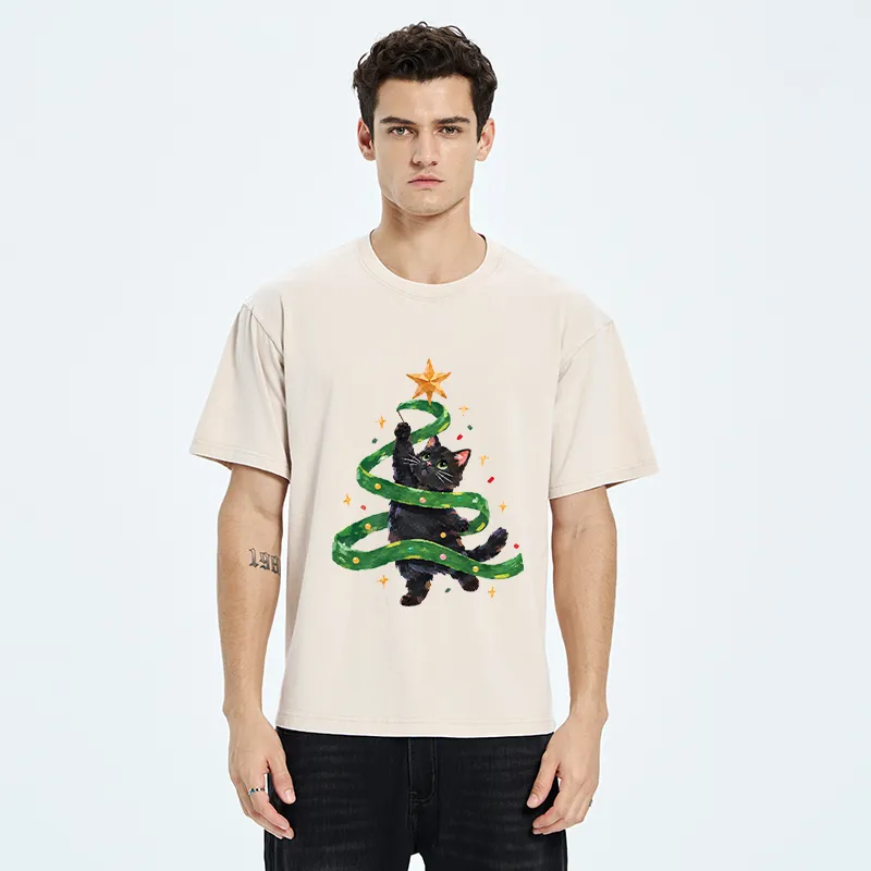Tokyo-Tiger Black Cat Christmas Tree Ribbon Washed T-Shirt