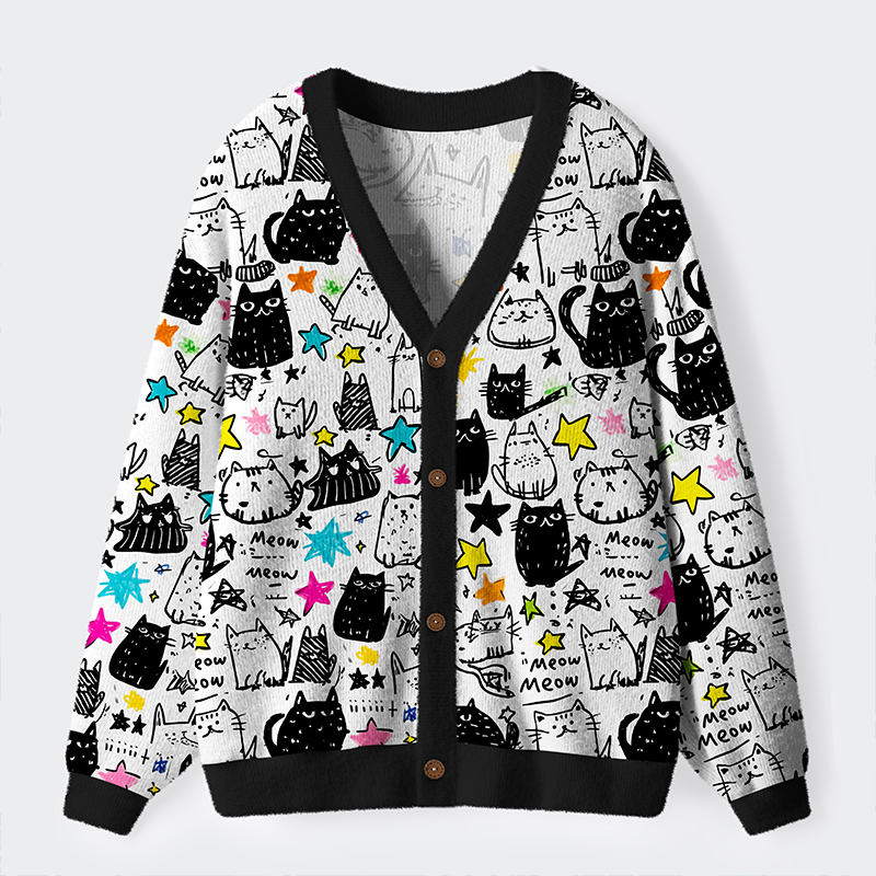 Tokyo-Tiger Cosmic Cat Doodles Ugly Cardigan Sweater