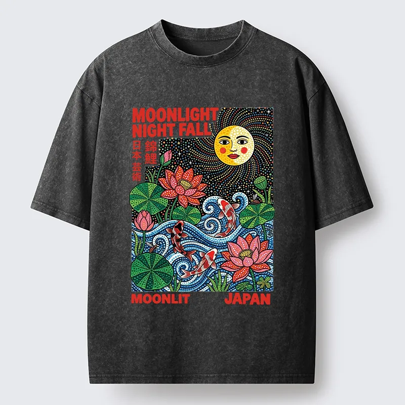 Tokyo-Tiger Japanese Koi Lotus Pond Art Washed T-Shirt