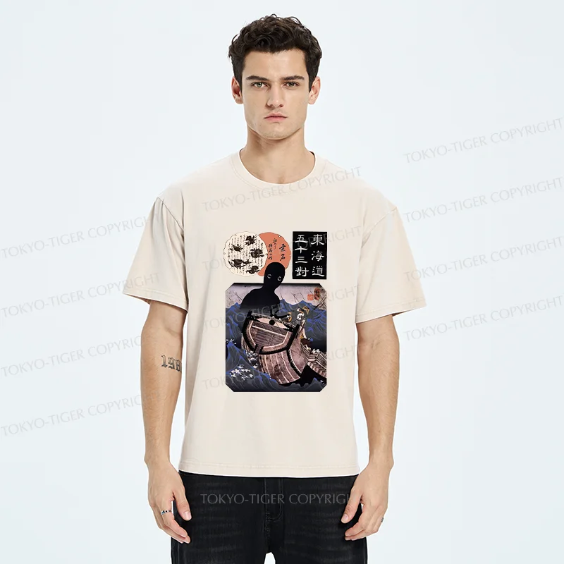 Tokyo-Tiger Japanese Retro Sea Monster Washed T-Shirt