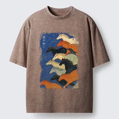 Tokyo-Tiger Vintage Japanese Running Horses Art Washed T-Shirt
