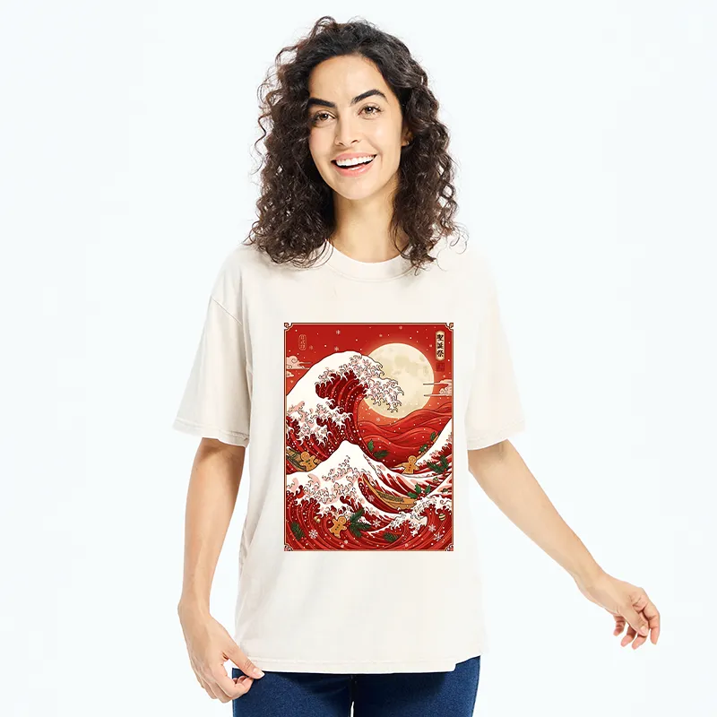 Tokyo-Tiger Gingerbread Surfing Christmas Wave Art Washed T-Shirt