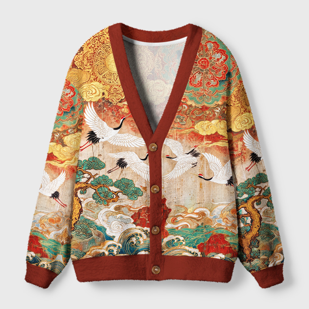 Tokyo-Tiger Golden Clouds Soaring Cranes Ugly Cardigan Sweater
