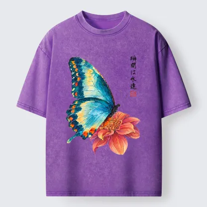 Tokyo-Tiger Flower Butterfly Vibe Washed T-Shirt