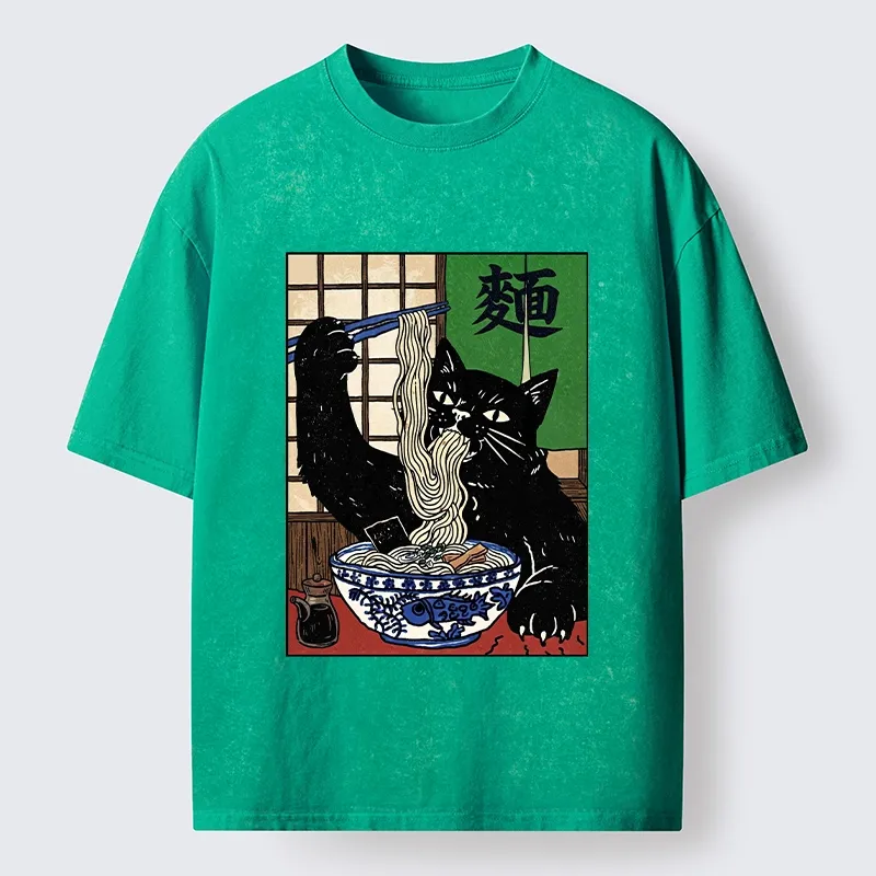 Tokyo‑Tiger Ramen Cat Vibes Washed T‑Shirt