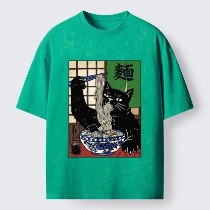 Tokyo‑Tiger Ramen Cat Vibes Washed T‑Shirt