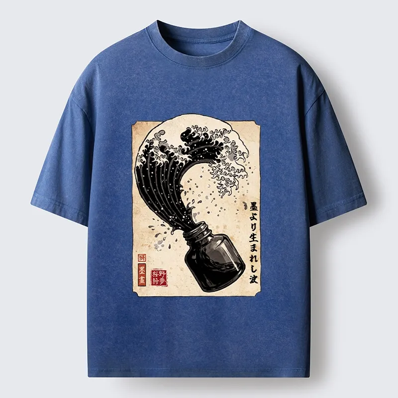 Tokyo‑Tiger Ink Wave Bottle Art Washed T‑Shirt