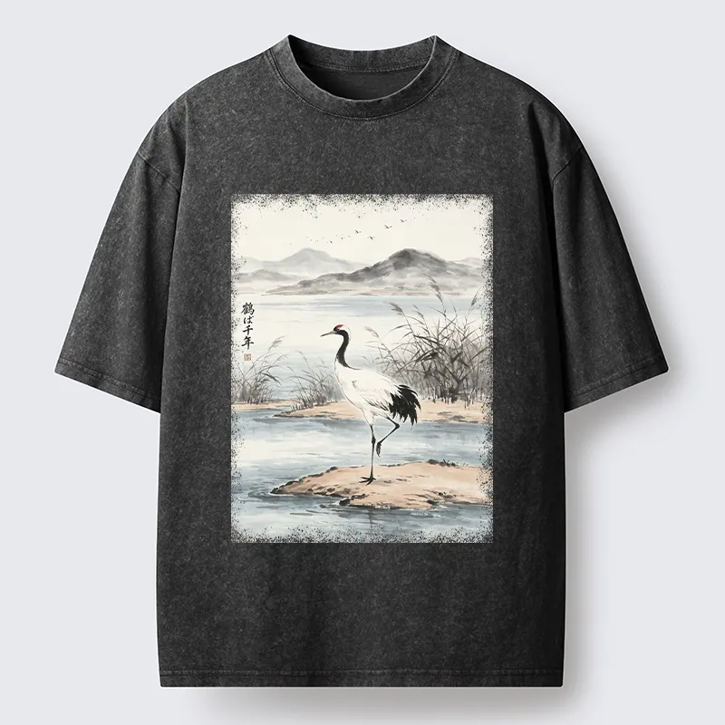 Tokyo-Tiger Serene Oriental Crane Art Washed T-Shirt