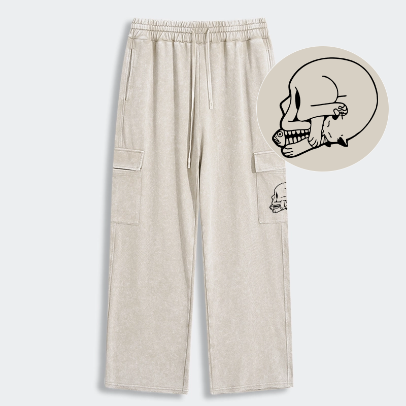 Tokyo-Tiger Funny Cat Eating Fish Washed Utility Sweatpants