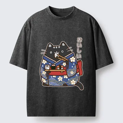 Tokyo-Tiger Geisha Cat Sushi Washed T-Shirt